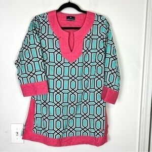 Simply Southern Shirt womens medium Tunic Top Coverup Dress Pink Turquoise
